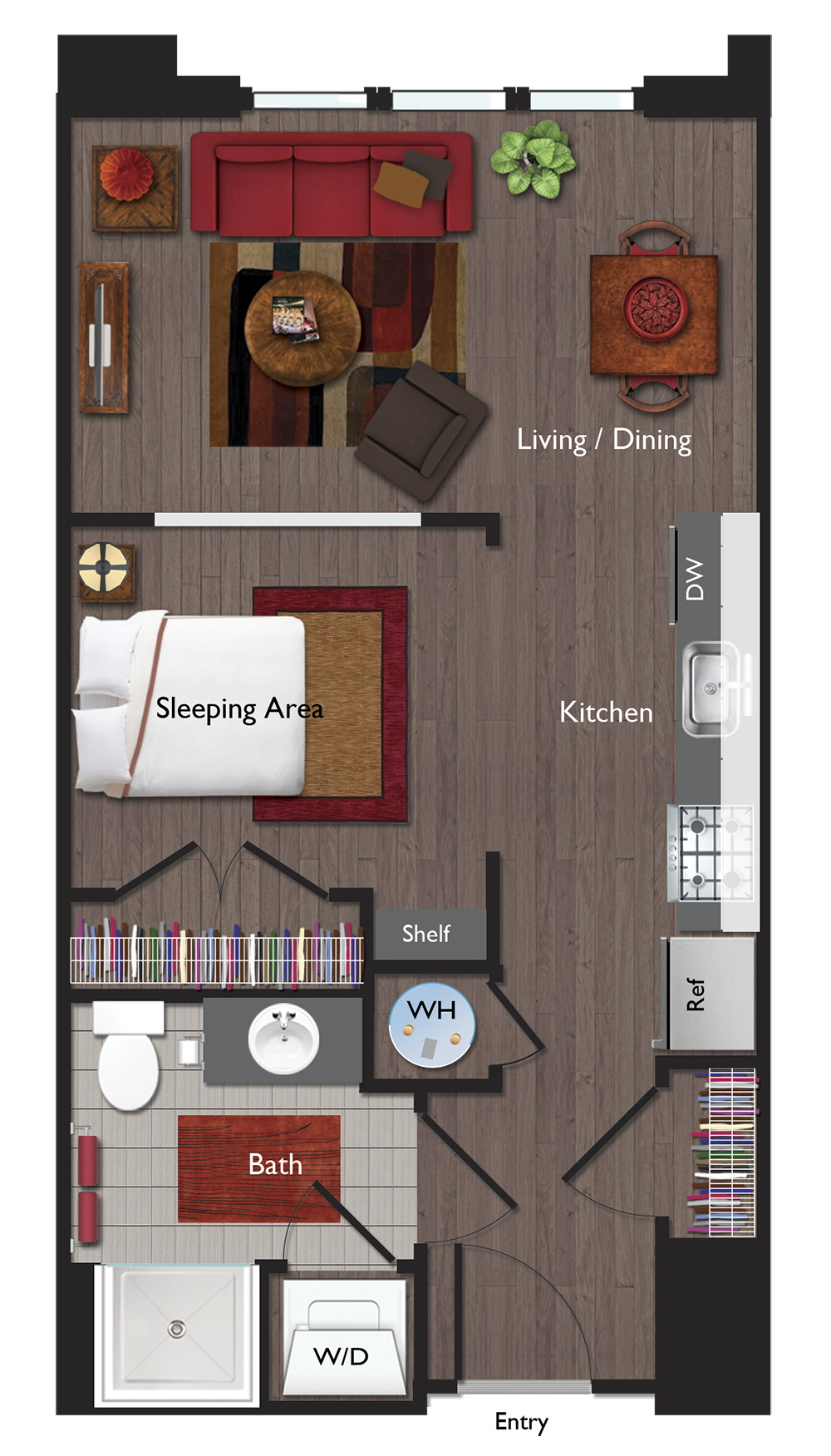 Floor plan for studio, 1 bath, 478 sqft